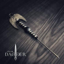 Load image into Gallery viewer, fallen angel cigar pick with silver toned wings and silver and black accents