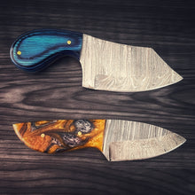 Load image into Gallery viewer, Hand-Forged Damascus Steel Skinner Knives – Blue Wood &amp; Orange Resin Editions