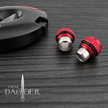 Load image into Gallery viewer, The Orbit V Cut Cigar Cutter With Punch in Matte Black and Red