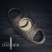 Load image into Gallery viewer, cigar cutter in antique silver finish with engraved design