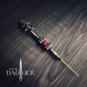 kingpin cigar dagger in red with silver, gunmetal and red accents plus a cigar smoking skull