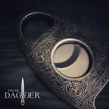 Load image into Gallery viewer, cigar cutter in antique silver finish with engraved design close up