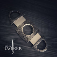 Load image into Gallery viewer, cigar cutter in antique silver finish with engraved design extended view