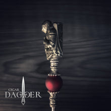 Load image into Gallery viewer, the red knight cigar saver with silver toned jewelry elements and beads close up